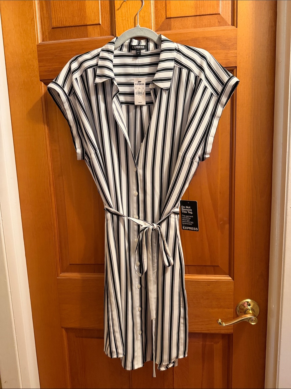 Express Black and White Vertical Stripe Tie-Waist Mini Dress